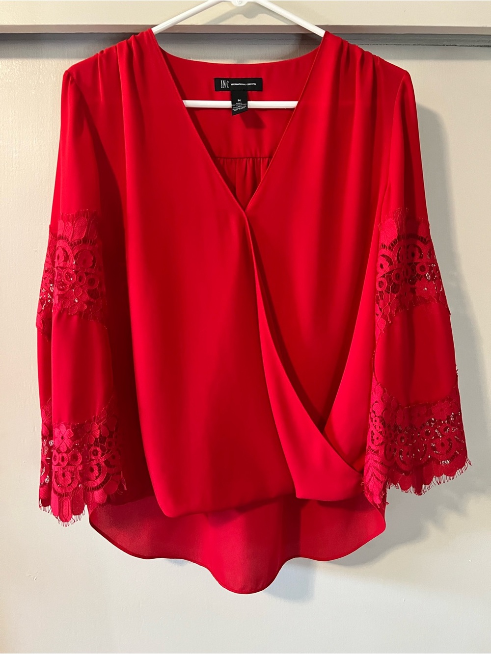 Women’s INC International Concepts Red Lace Sleeve Surplice Blouse